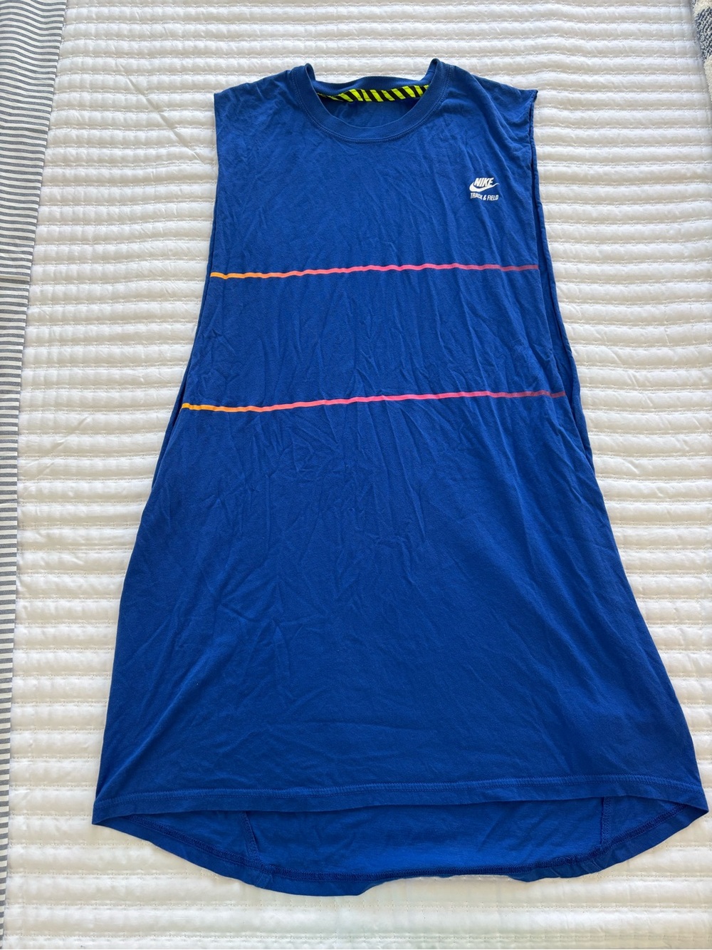 Nike Men's Blue Tank Top with Pink and Orange Stripe Accents